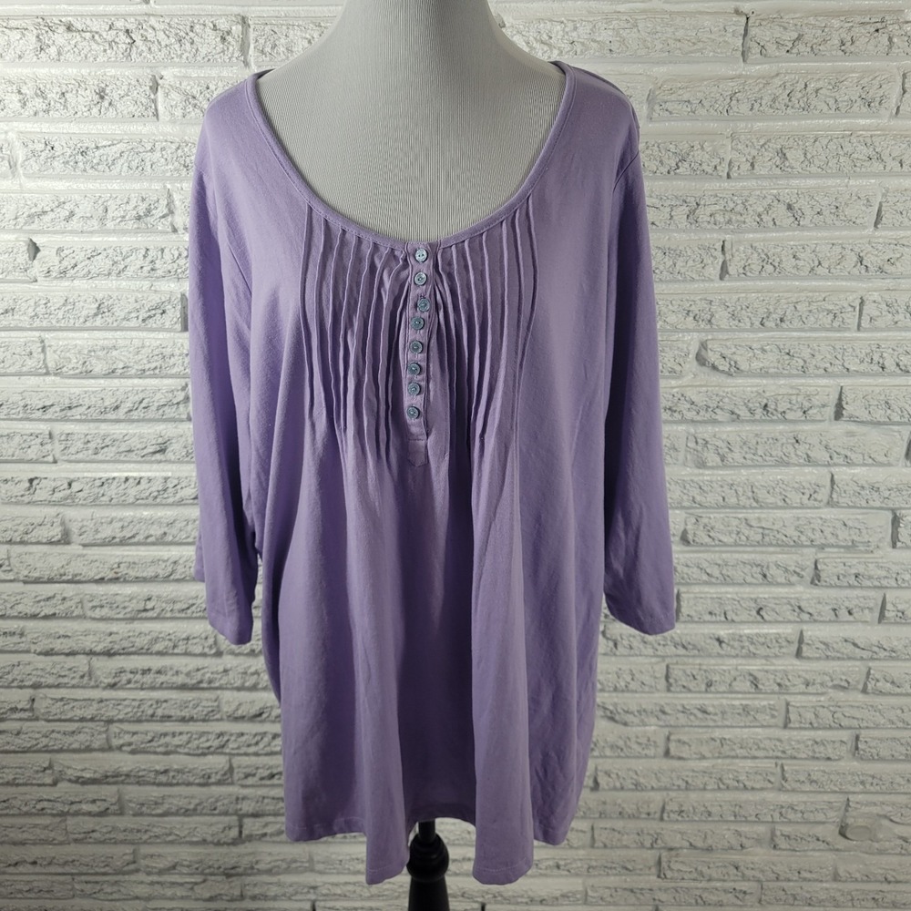 Woman Within Womens Top 1X Lavender Solid Pintuck 3/4 Sleeve Button Up Blouse